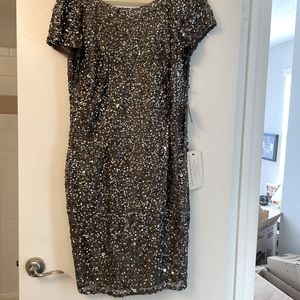Adrianna Papell grey sequined short sleeved evening/event dress. Brand new.